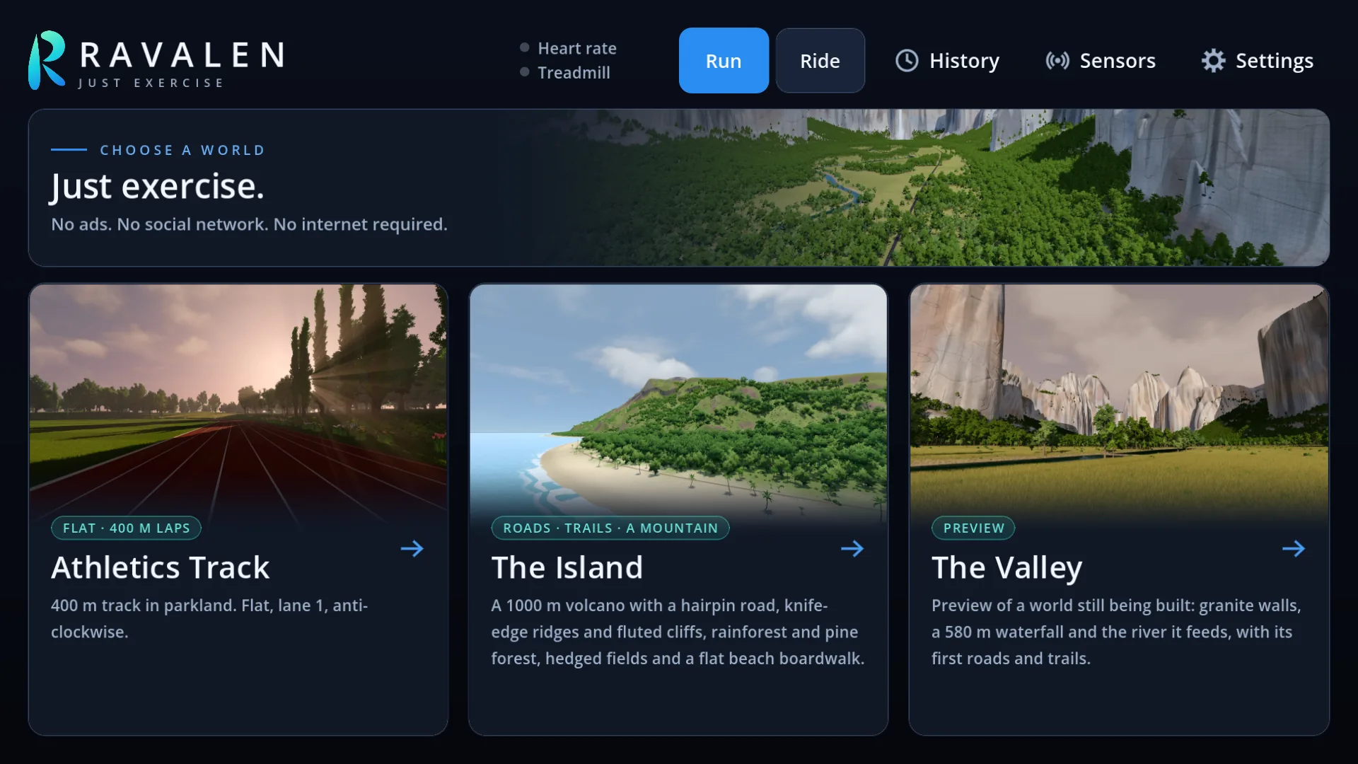 The app's first screen: Run or Ride at the top, and a card with a picture for each of the three worlds.