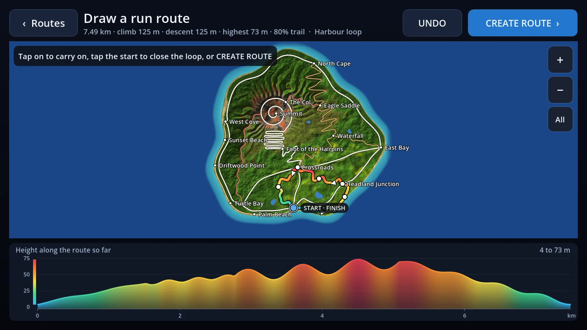 The app's route builder: a map of the island with a loop drawn from the Harbour, its line coloured by height, its distance and climb above it and its height along the way below.