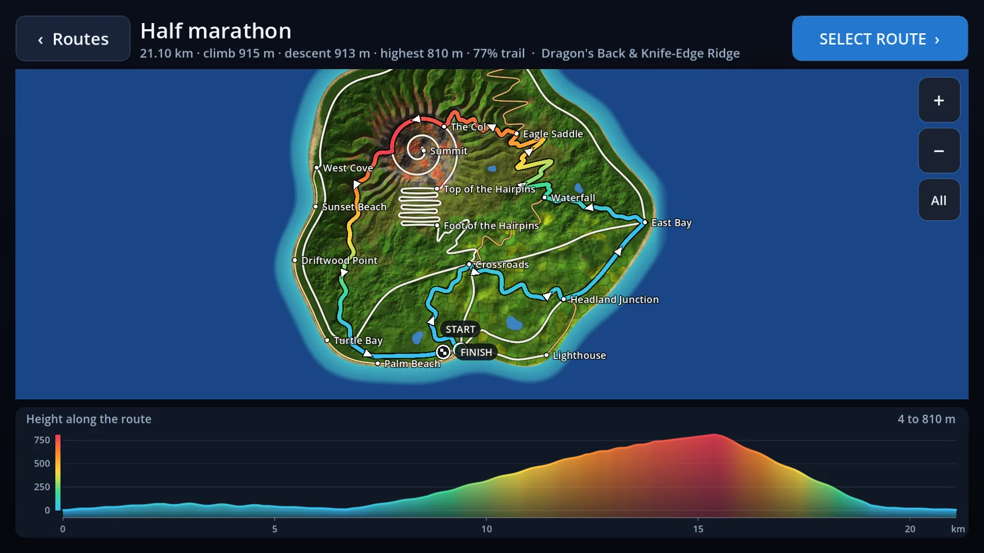 A route's preview in the app: the island's map with the half marathon's line coloured by height, its start and finish marked, and its height along the way underneath.