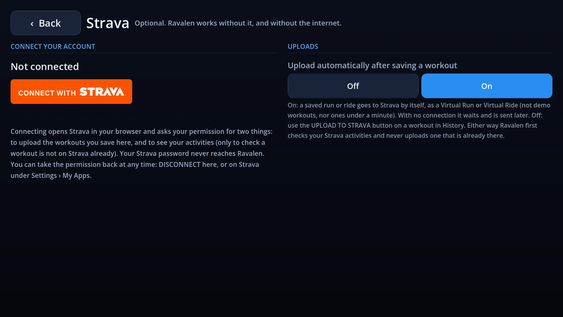 The app's Strava screen before connecting: a line saying it is optional, Strava's orange Connect with Strava button, what connecting asks permission for, and the switch for uploading automatically.