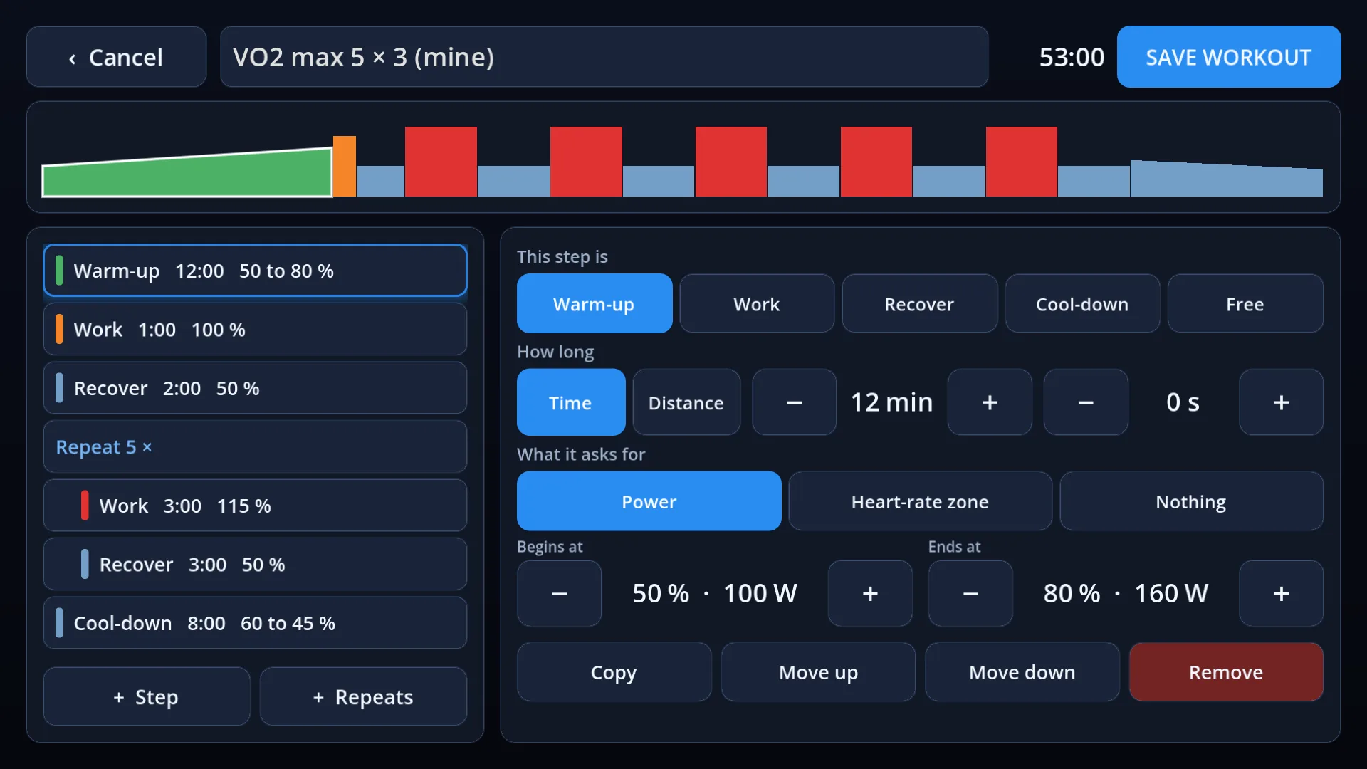 The workout builder in the app: the workout drawn across the top, its steps listed down the left, and the chosen step's kind, length and target on the right.