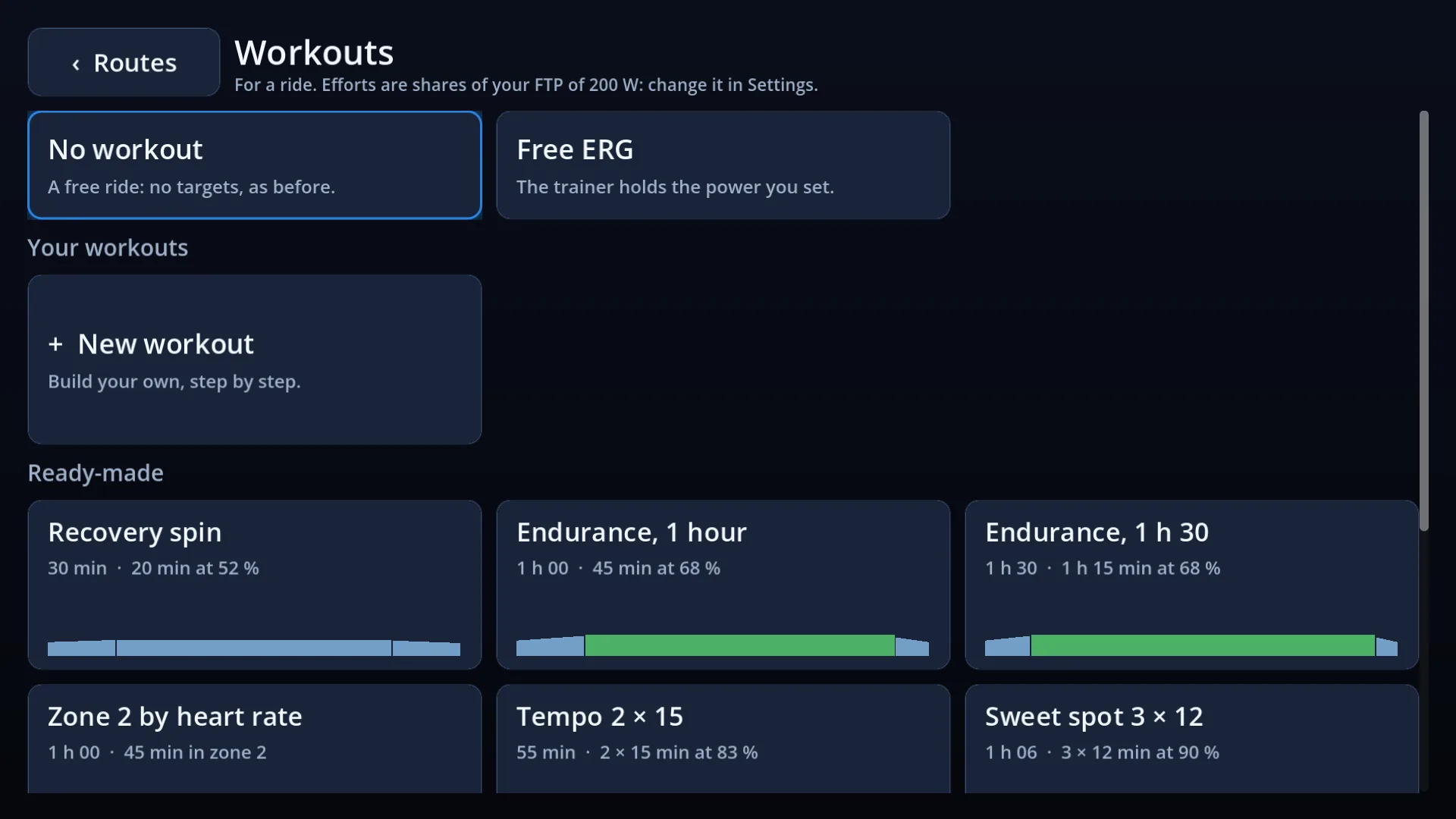 The app's list of ride workouts, each drawn as its steps: recovery, endurance, tempo, sweet spot, threshold and more.