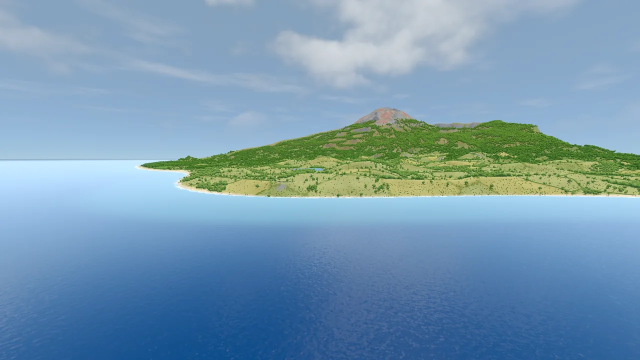The island from out at sea, the lighthouse headland in front of the volcano.