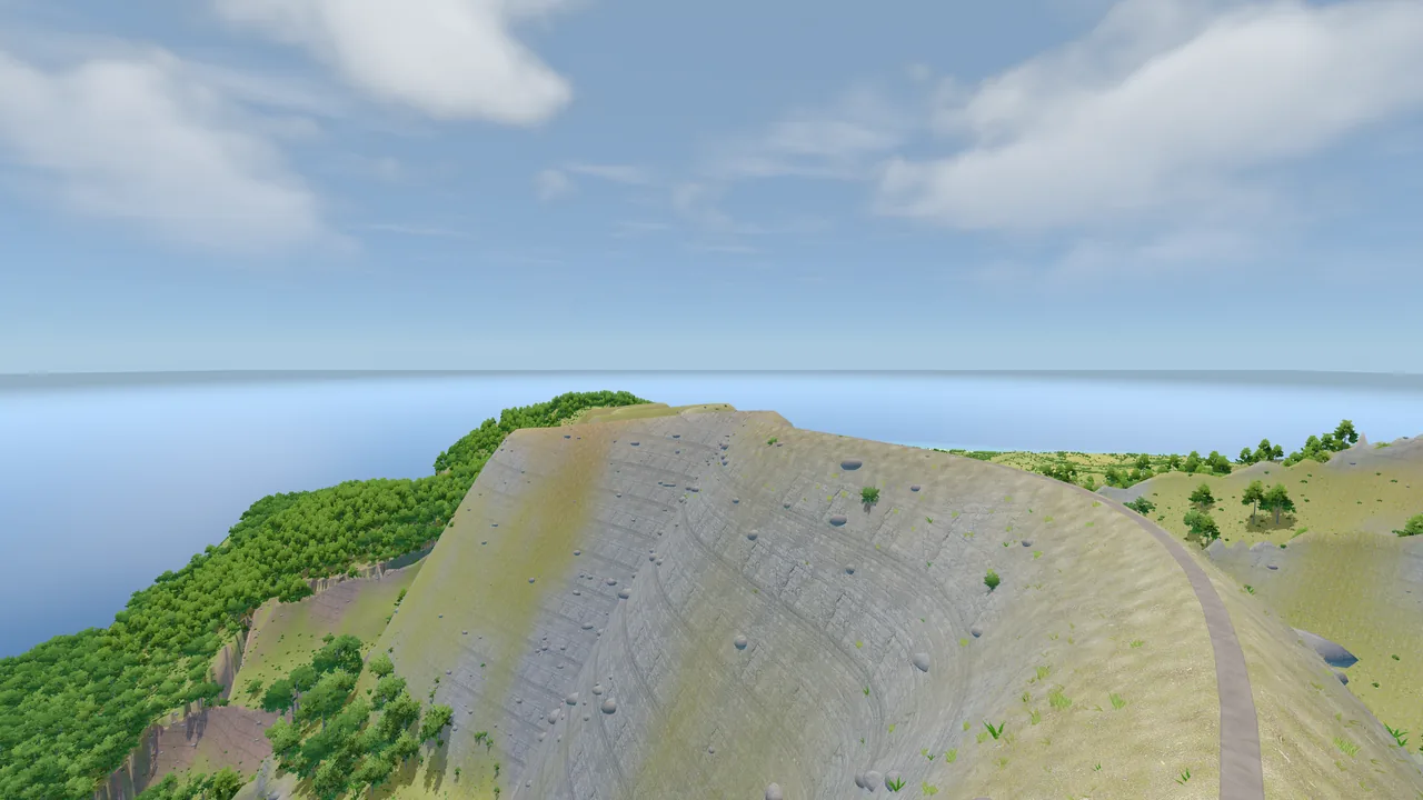A narrow trail along the crest of a ridge, scree falling away steeply to one side and the sea far below.