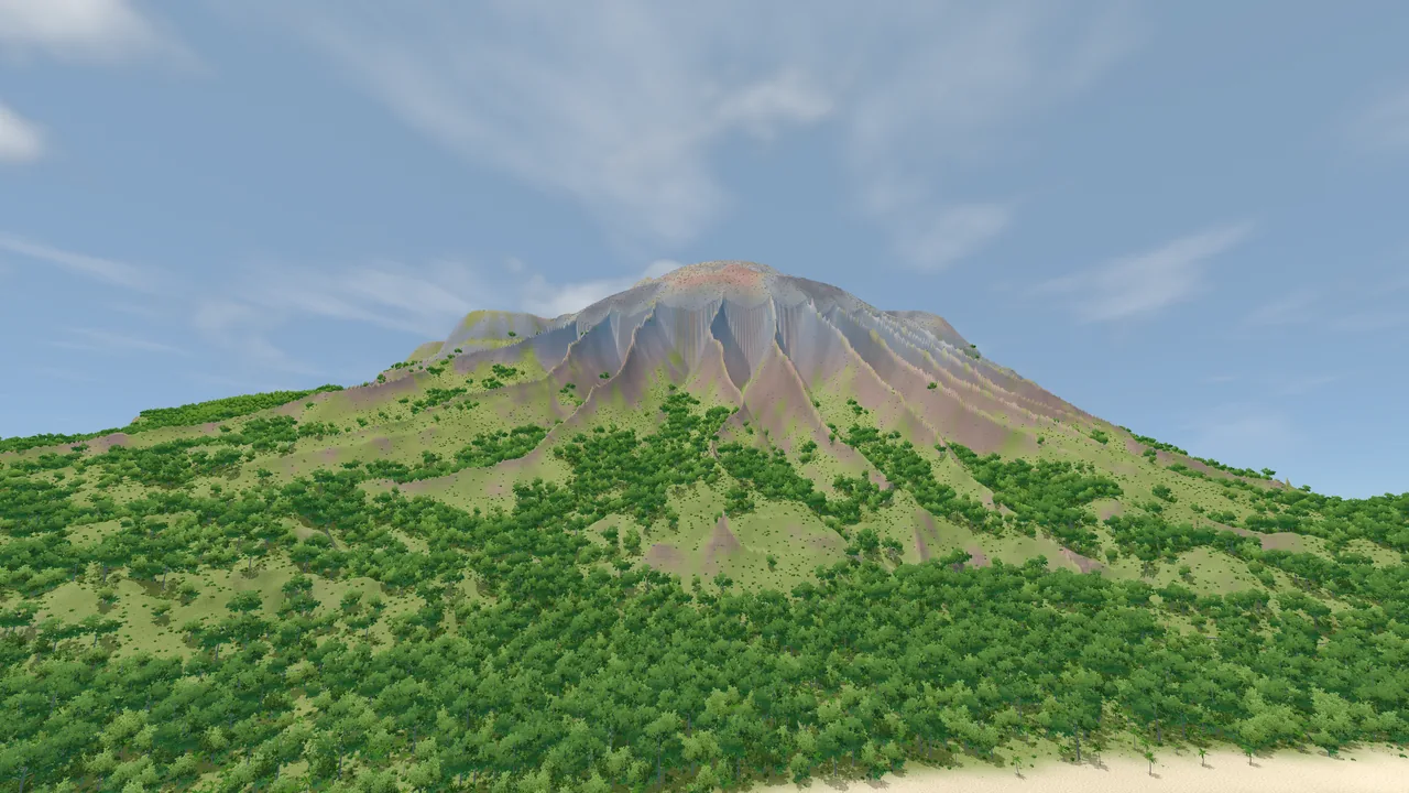 The volcano's north face, fluted ridges running down to the forest.