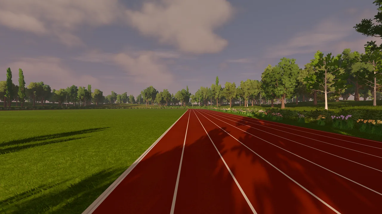 Looking down the back straight, the infield lawn to the left.