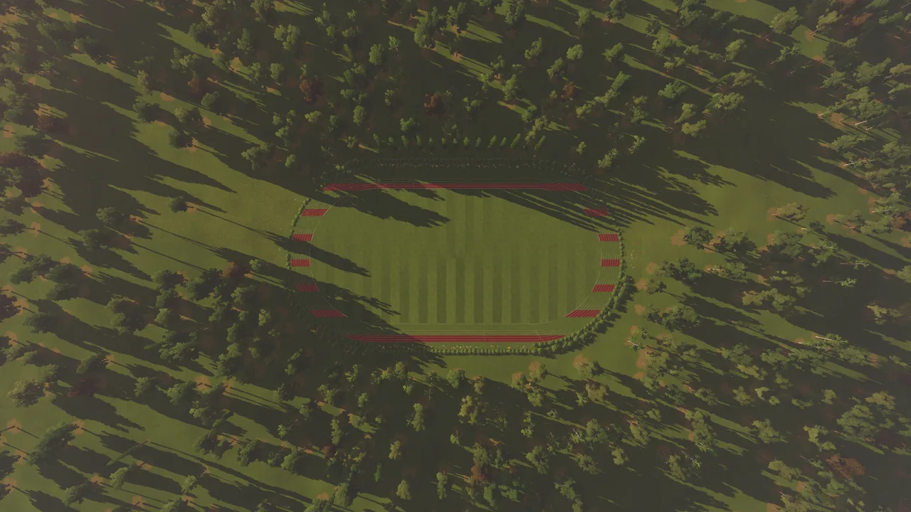 The track from directly above: the red oval, the striped infield and the trees round it.