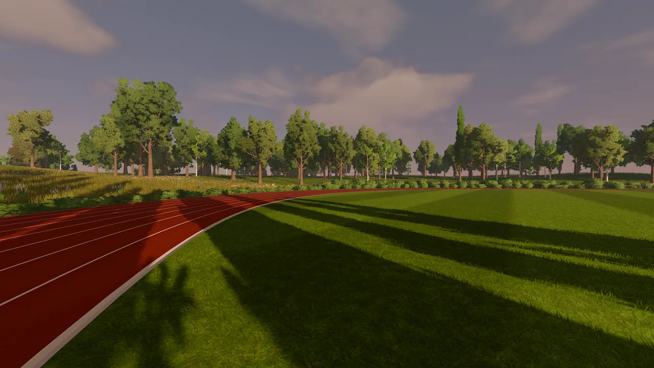 The bend of the track from the infield lawn, long evening shadows of trees across the grass.