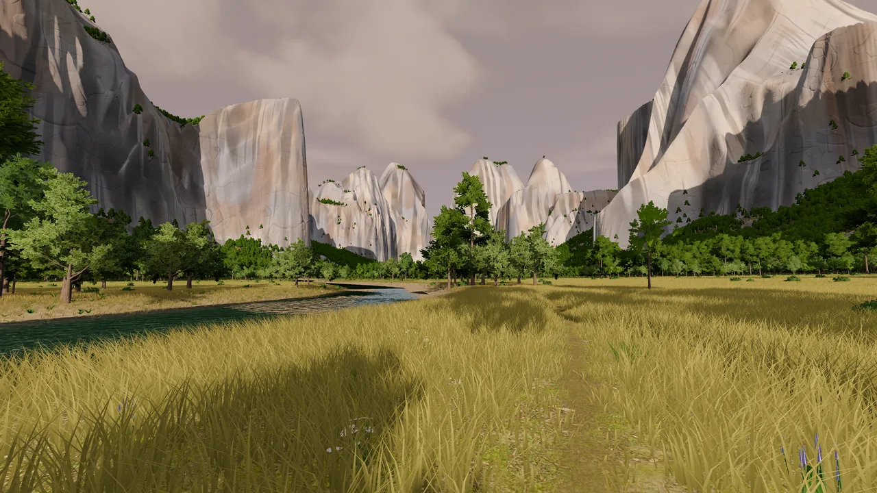 A faint trodden path through meadow grass beside the river, granite walls and the head of the valley beyond.