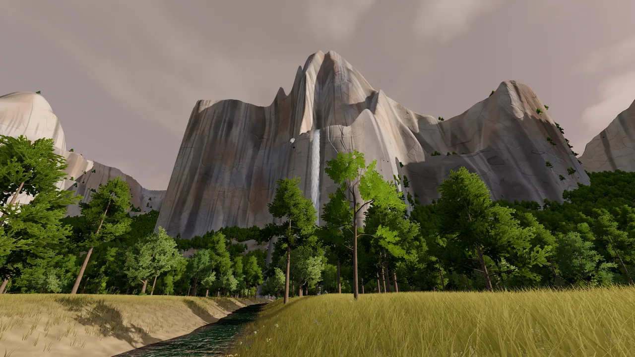 A creek crossing a meadow towards a tall thin waterfall dropping from a slot in a granite wall.